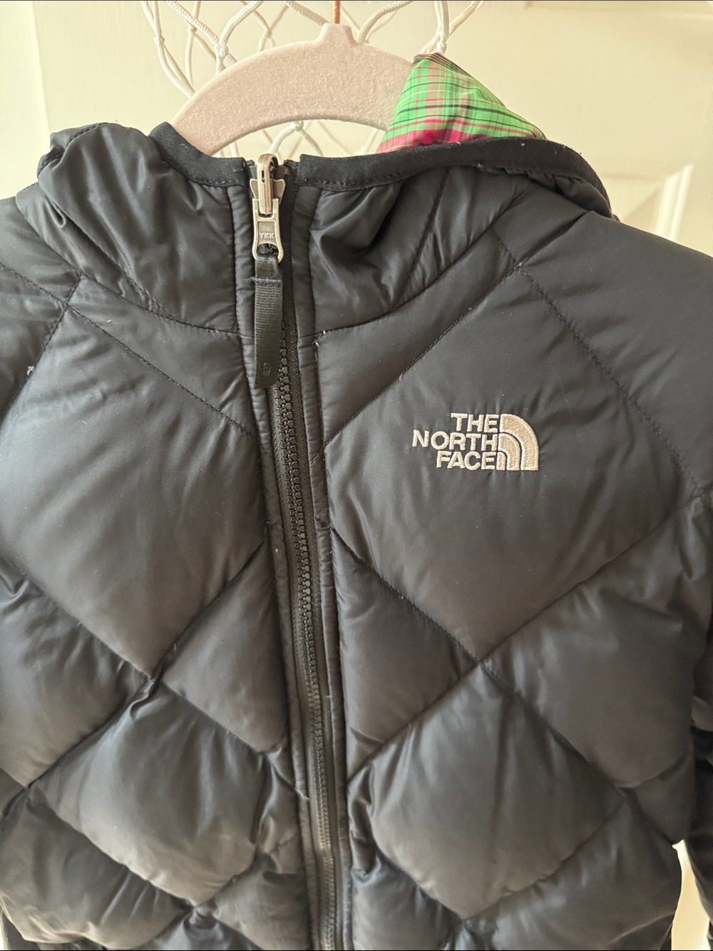 The North Face Kids Reversible Goose Down Black-Green Plaid Hooded Puffer Jacket